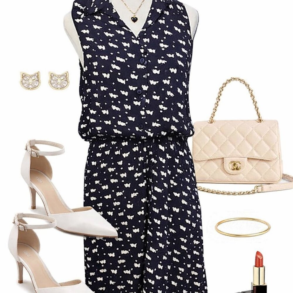 Makiyo's Navy & Cream Midi Cat Print Sundress with Notched Collar-Size Small